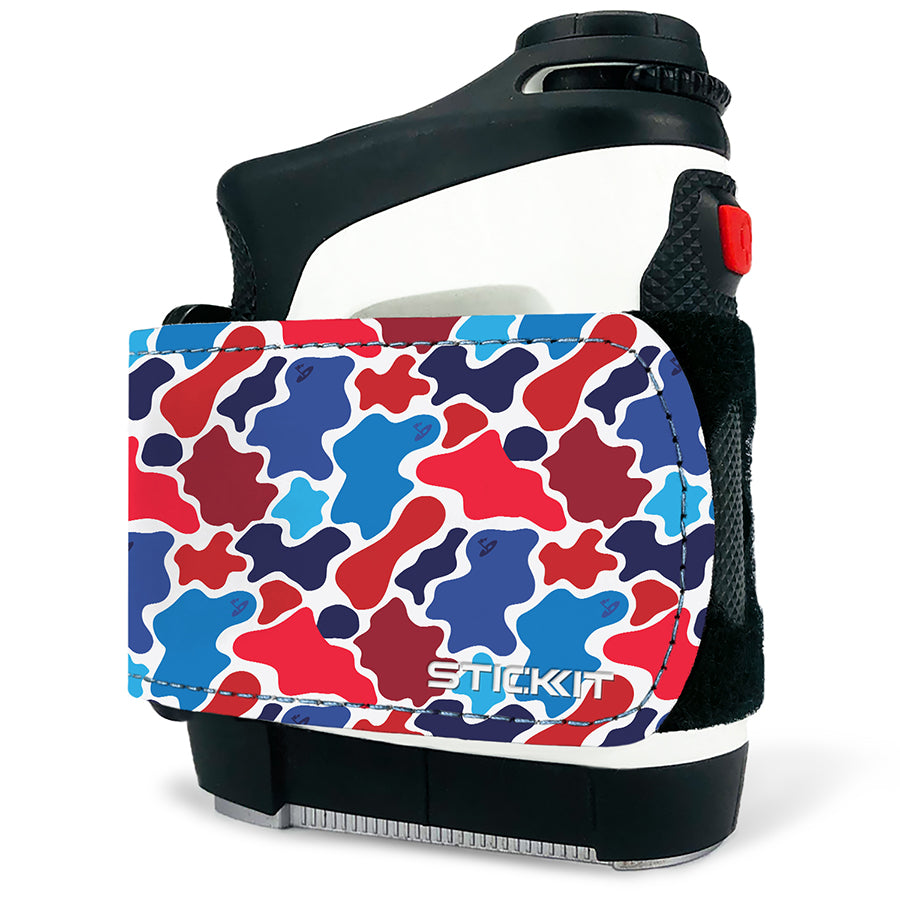 Colorful camo pattern stick-it holder, featuring red, blue, and maroon accents on a durable white body, perfect for skiing.
