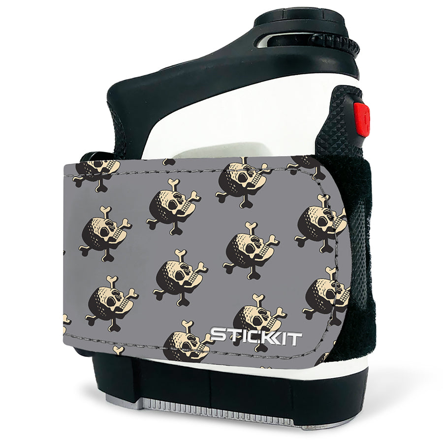 Gray Stickit holder featuring playful skull and crossbones design, durable material, perfect for stylish sports enthusiasts.