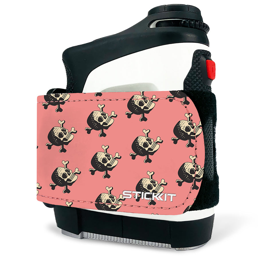 Black and white skull pattern on pink neoprene water bottle holder with adjustable fit, perfect for outdoor activities.