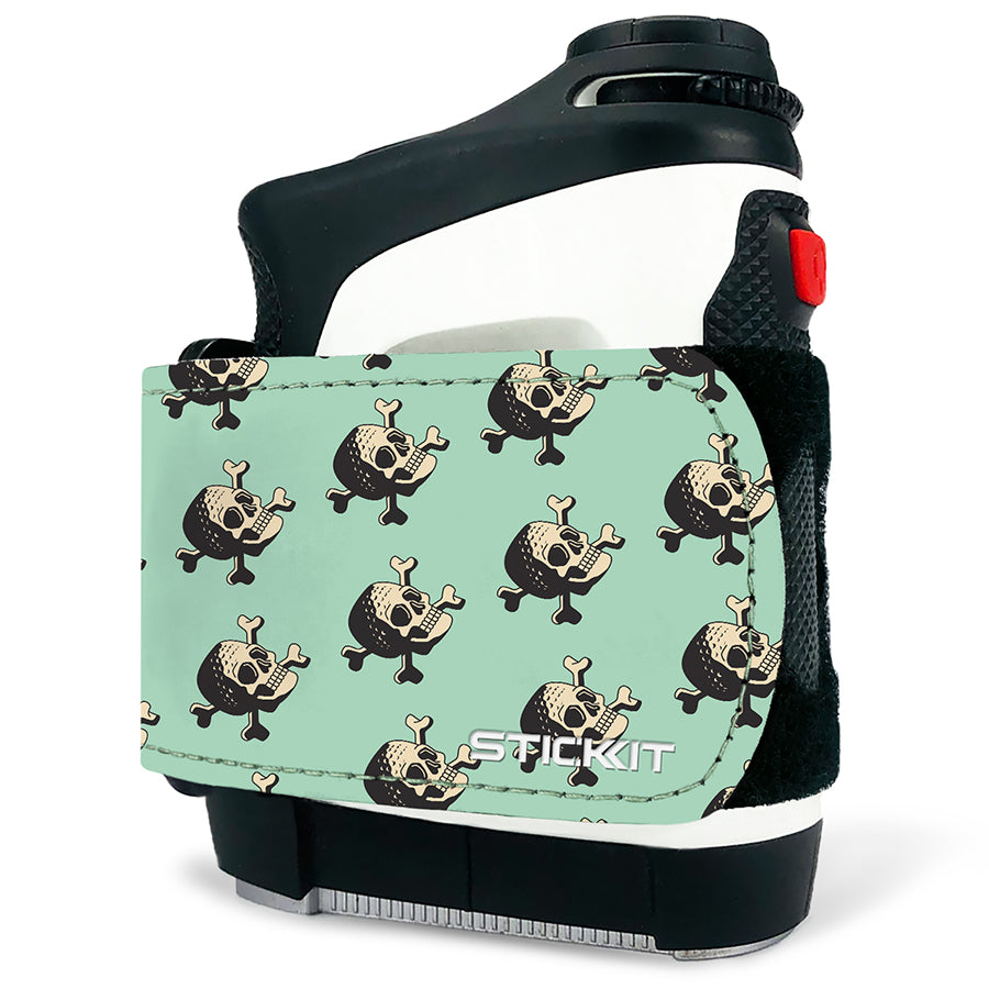 Mint green "Stickit" bottle holder featuring black skull and crossbones print, perfect for stylish hydration on the go.