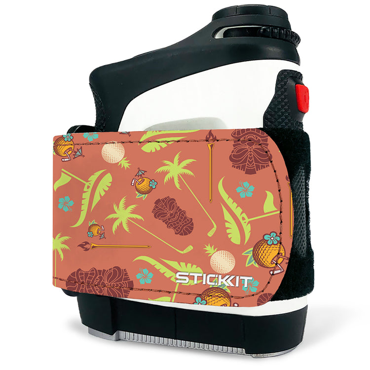 Stylish orange water bottle holder with tropical patterns, featuring palm trees and tiki designs, made of durable fabric.