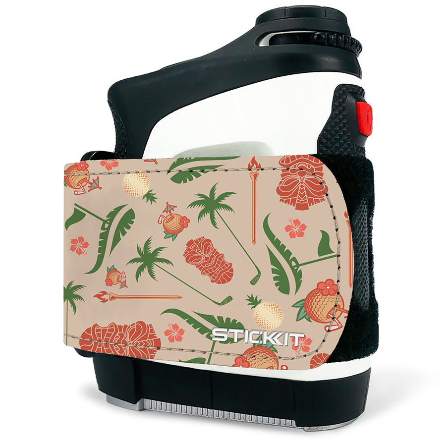 Tropical-themed Stickit bottle sleeve in beige with palm trees, tiki motifs, and bright colors. Durable, stylish accessory.