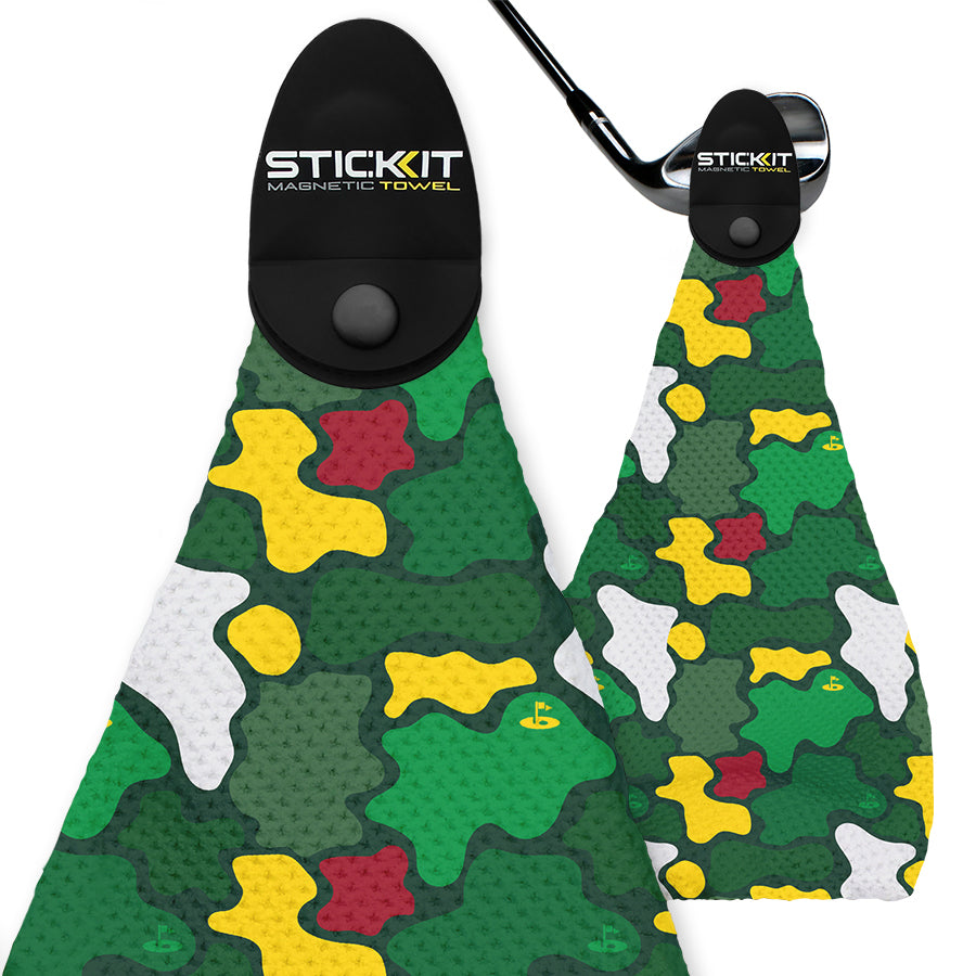 Green camo magnetic golf towel with yellow and red accents, featuring a convenient clip for easy attachment.