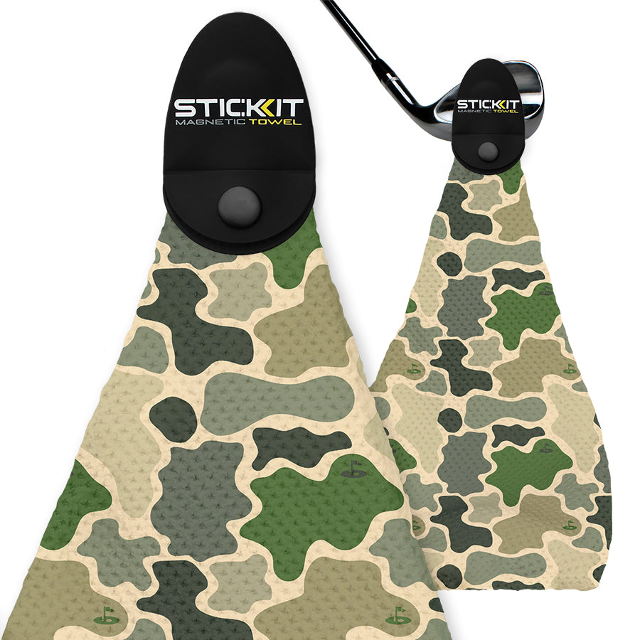 Green camouflage magnetic golf towels, featuring durable material and a convenient hanging hook for easy access.
