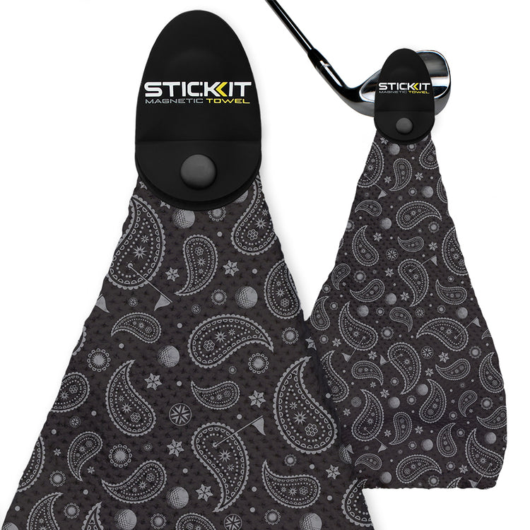Black paisley-patterned magnetic golf towel with a black clip for easy attachment, ideal for on-course convenience.