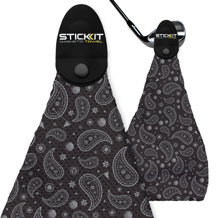 Black paisley-patterned magnetic golf towel with a black clip for easy attachment, ideal for on-course convenience.