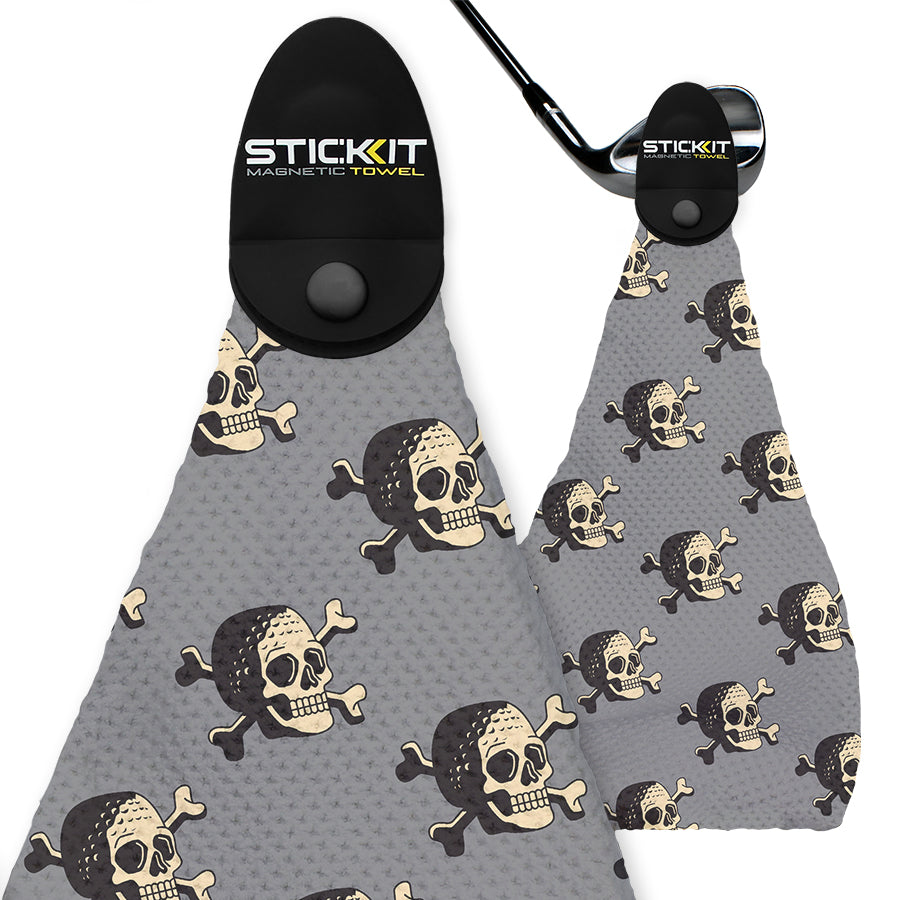 Gray skull-patterned magnetic golf towel with black clips, featuring a unique pirate theme for stylish functionality.