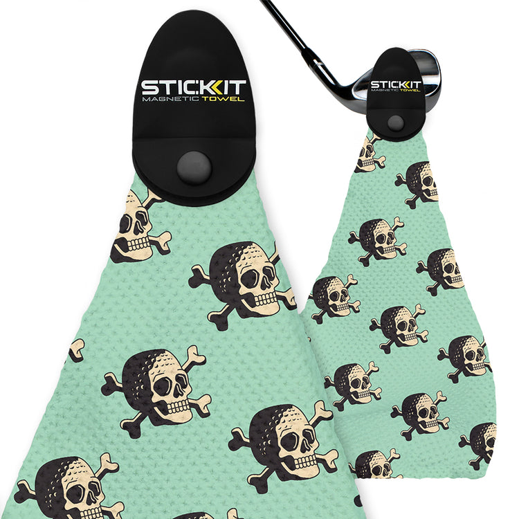 Mint green magnetic golf towel with black skull and crossbones pattern, made from durable microfiber.