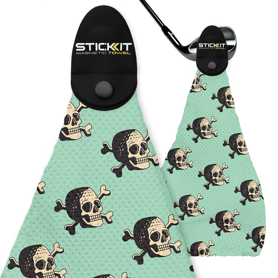 Mint green magnetic golf towel with black skull and crossbones pattern, made from durable microfiber.