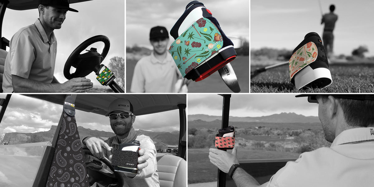 Colorful golf towel holders featuring vibrant patterns, made from durable fabric, ideal for golfers.
