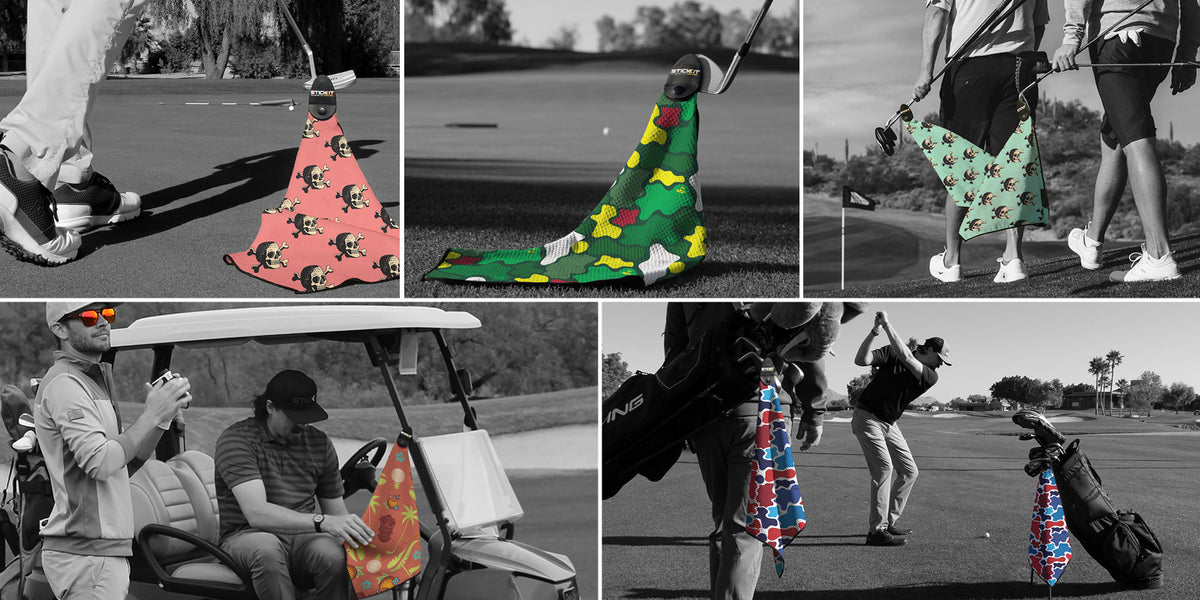 Colorful golf towels with playful patterns in pink, green, and blue; lightweight and stylish for on-course convenience.