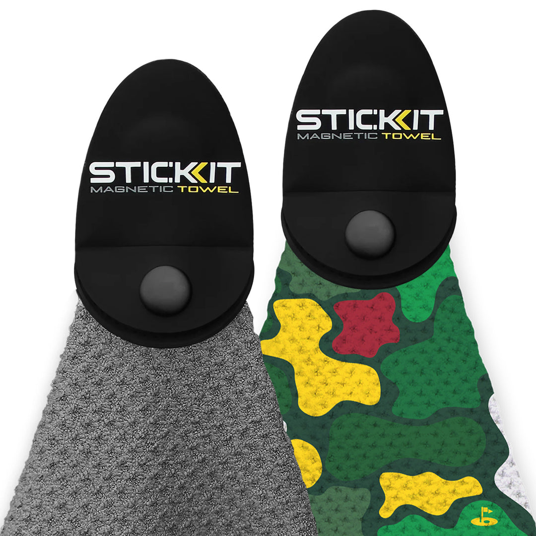 Gray and camo magnetic towels by SticKIT, featuring a durable design with convenient magnetic clips.