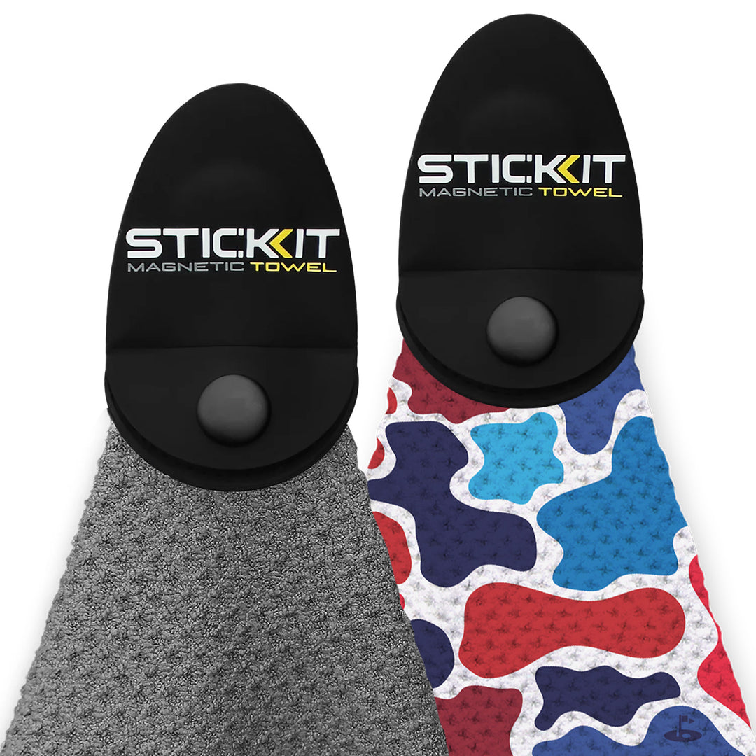 Black and patterned magnetic towels with durable fabric; ideal for sports and outdoor activities.