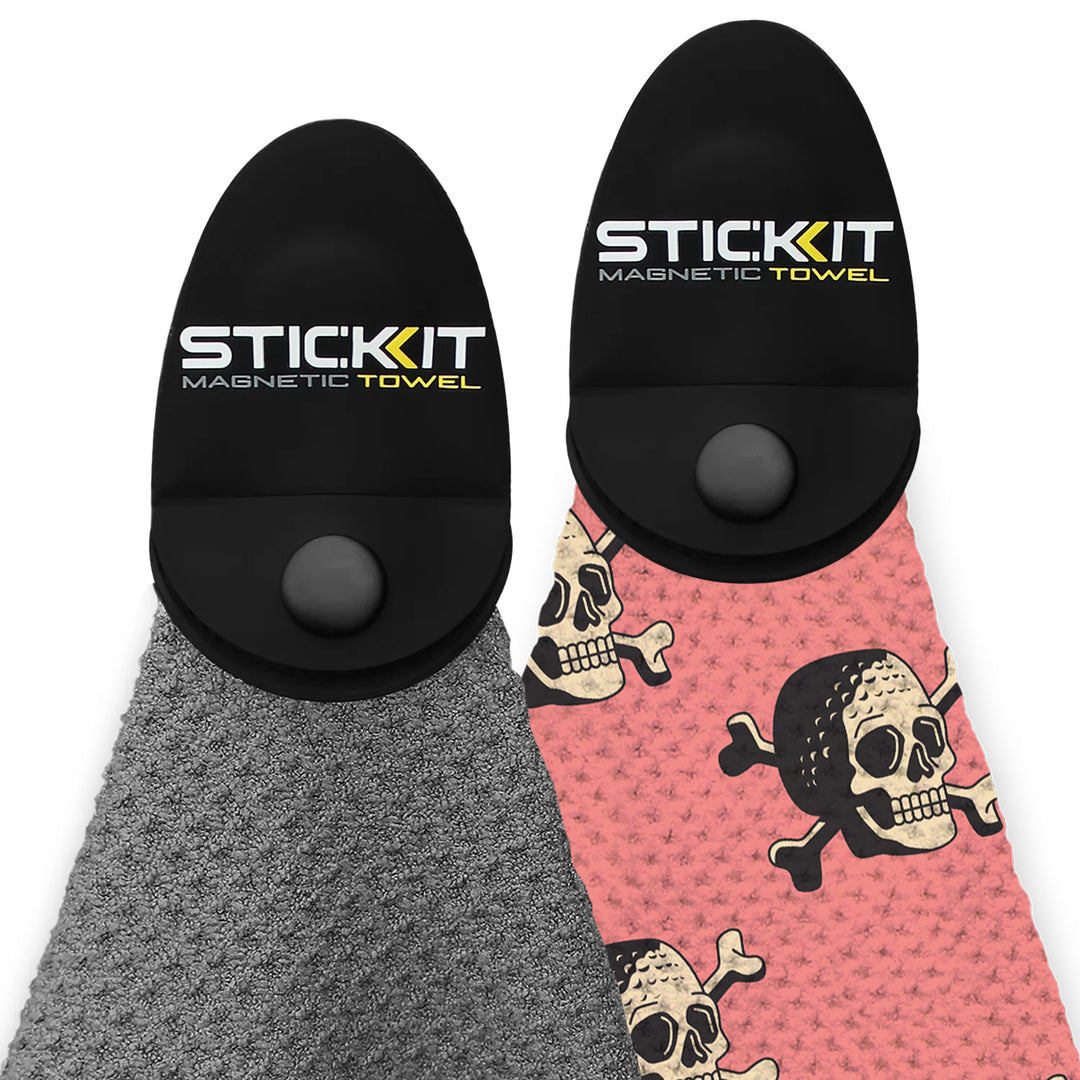 Black and grey magnetic towels with skull print, perfect for sports and outdoor activities. Stylish and functional design.
