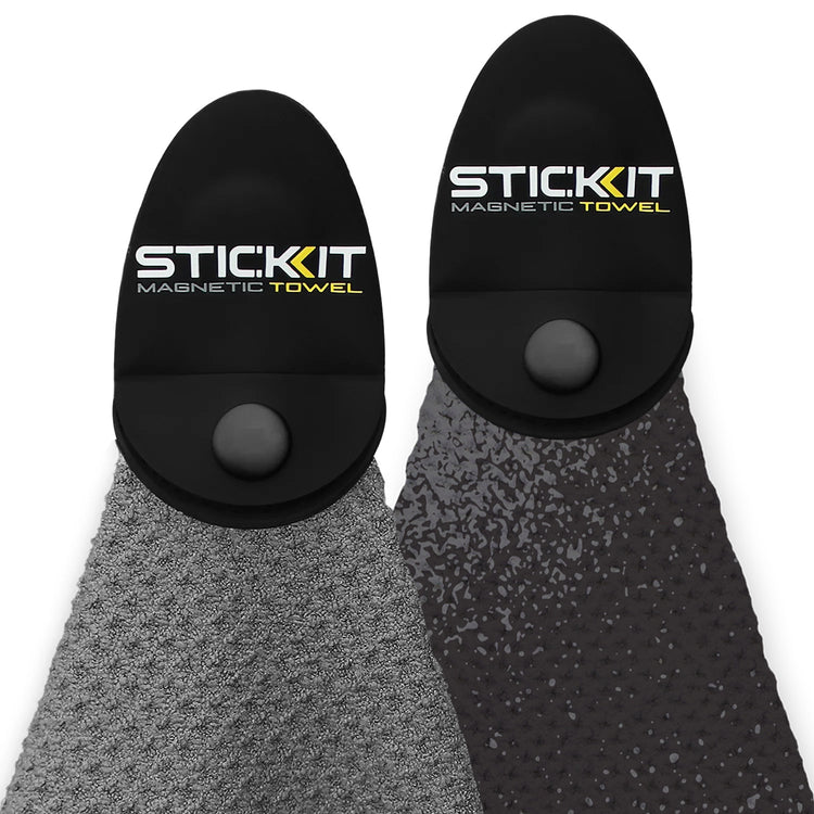 Two magnetic towels in gray and black, featuring a sleek design with a stylish logo at the top.