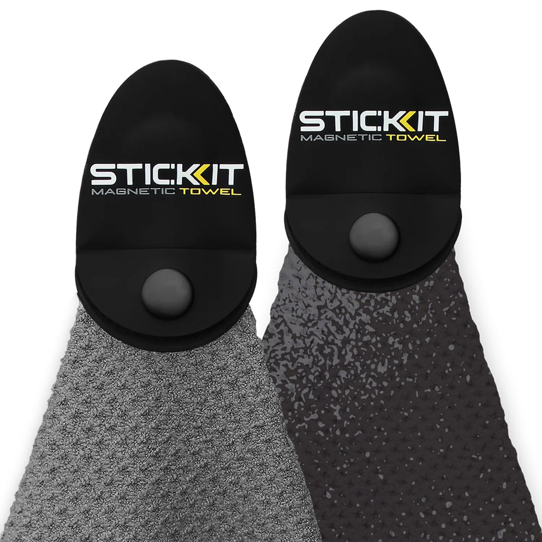 Two magnetic towels in gray and black, featuring a sleek design with a stylish logo at the top.