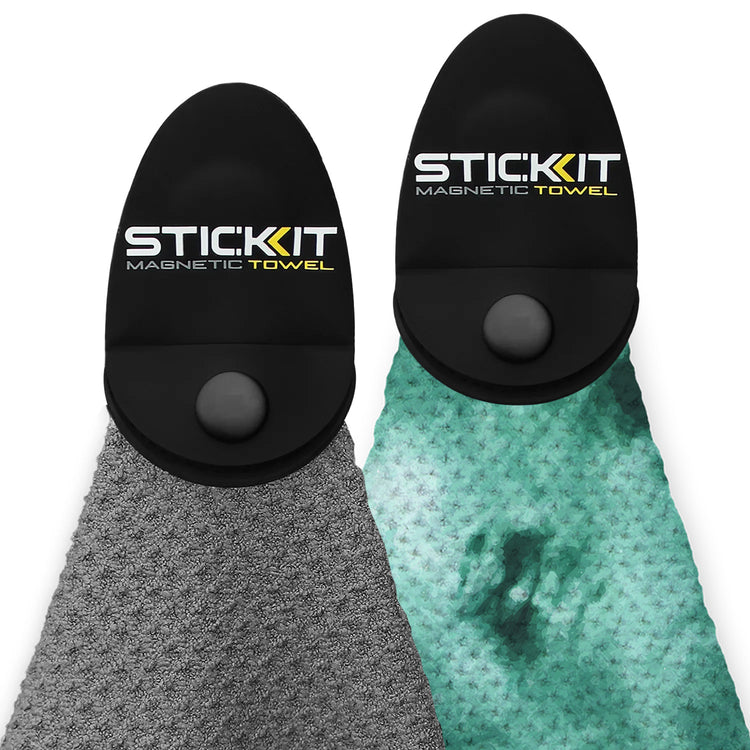 Gray and teal microfiber magnetic towels with black caps, perfect for outdoor activities and easy attachment.