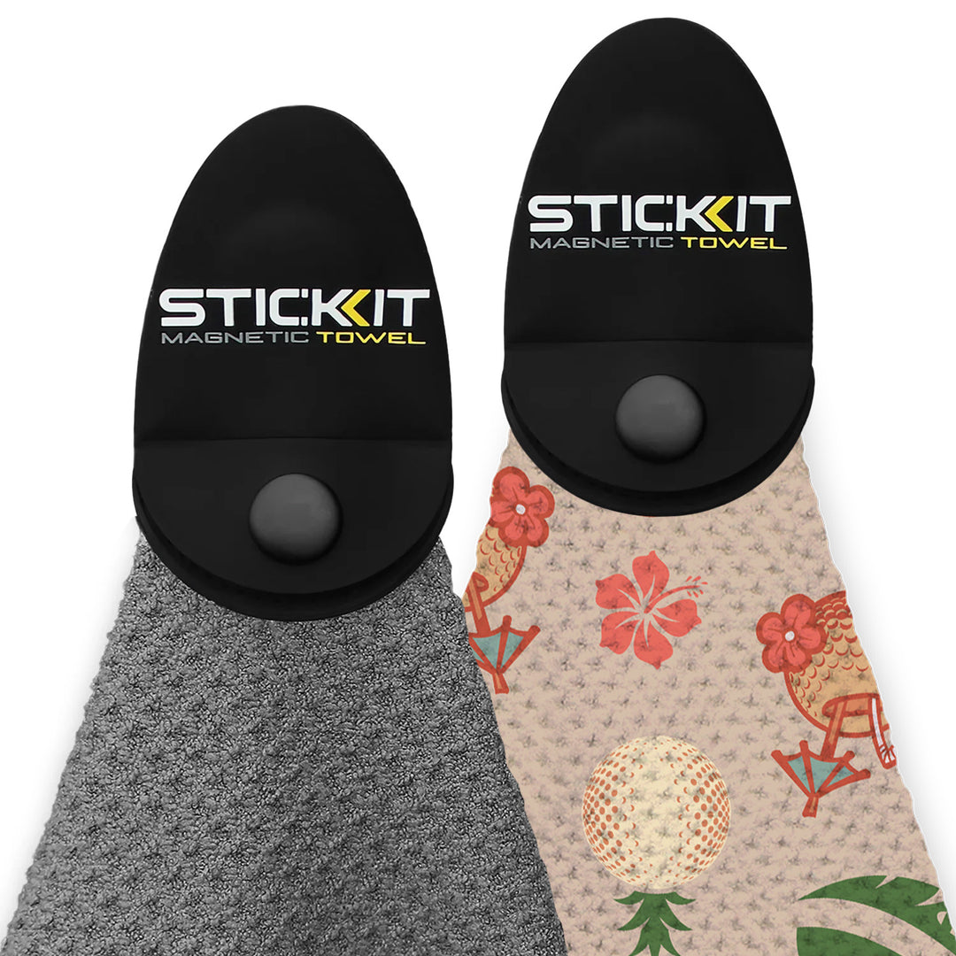 STIC KIT Magnetic Towel in gray and floral print, featuring a black magnetic holder for easy fastening.