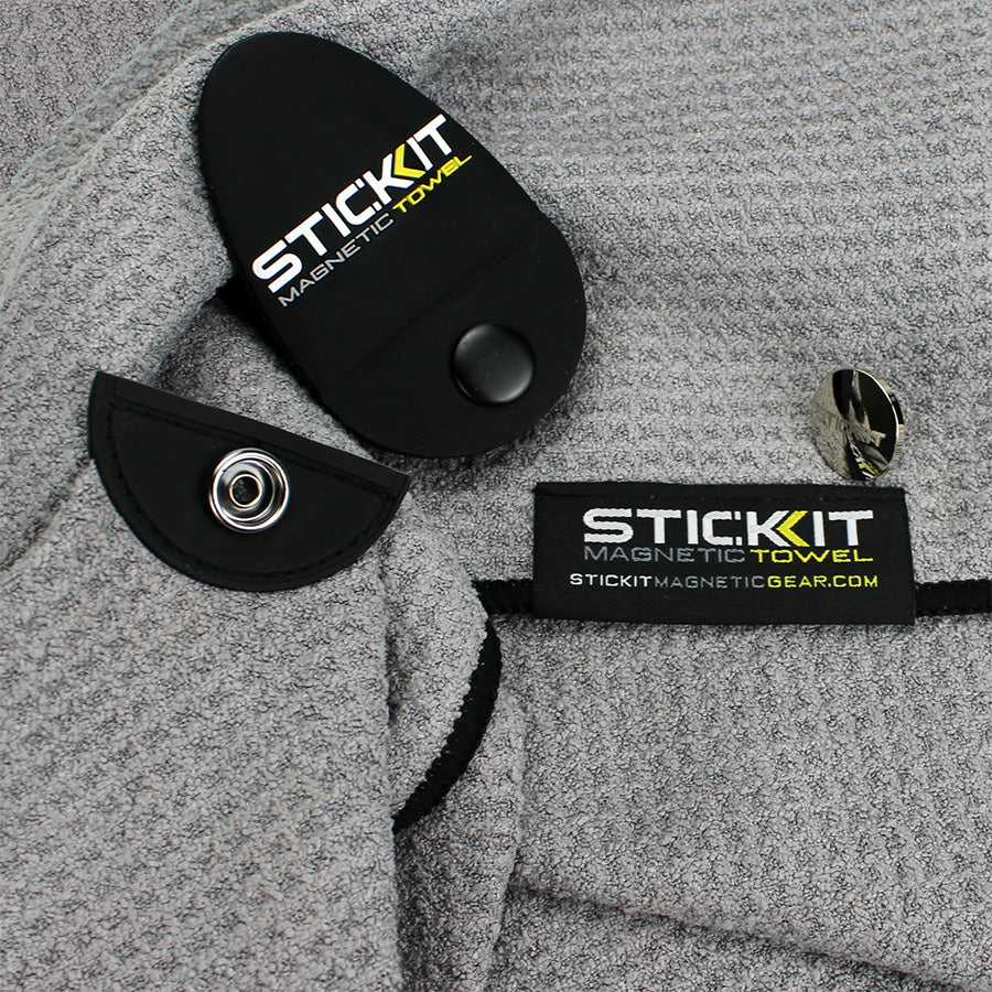 Gray Stickit Magnetic Towel featuring a smooth fabric texture and a convenient magnetic fastening system.