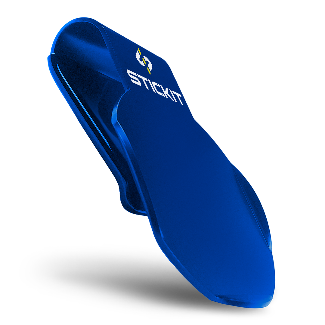 Blue silicone phone holder with ergonomic design and STICKIT logo for secure grip and convenience.