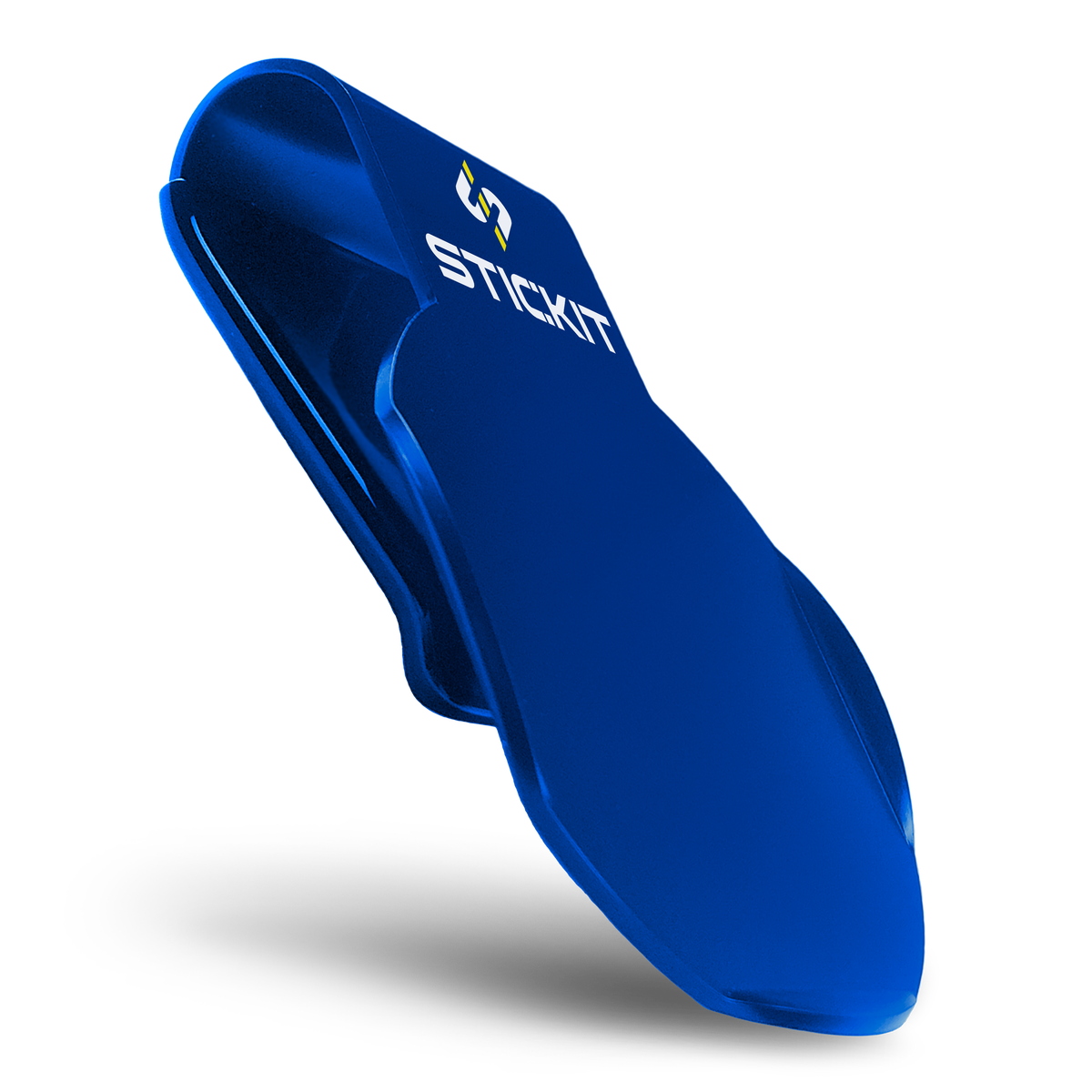 Blue silicone phone holder with ergonomic design and STICKIT logo for secure grip and convenience.