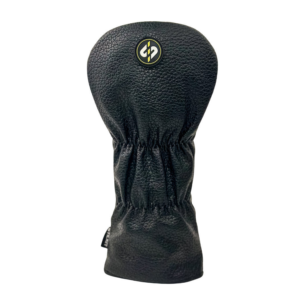 Black leather golf club head cover with elastic cuff and logo, designed for premium protection and style.