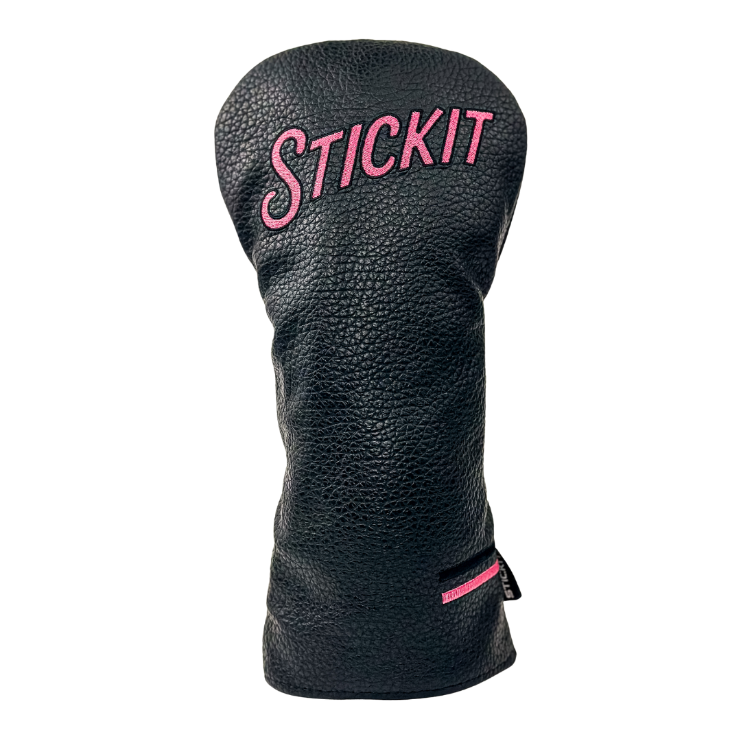 Black leather golf headcover with vibrant pink "STICKIT" embroidery; fits standard sized drivers.
