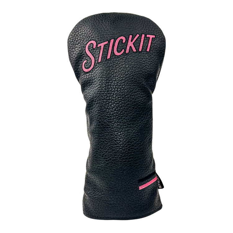 Black leather golf headcover with vibrant pink "STICKIT" embroidery; fits standard sized drivers.