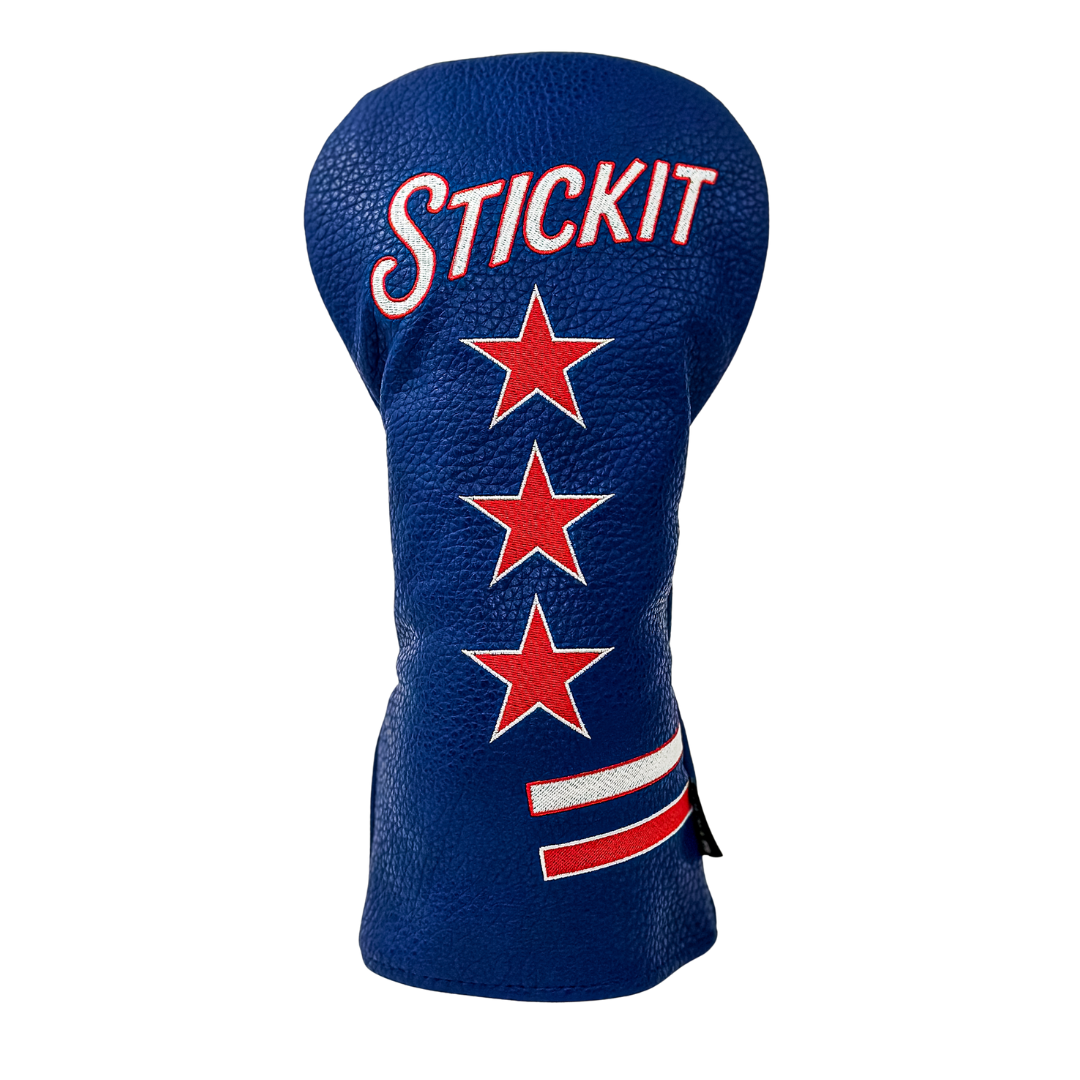 Blue leather golf head cover with red stars and "STICKIT" text, perfect for stylish club protection.