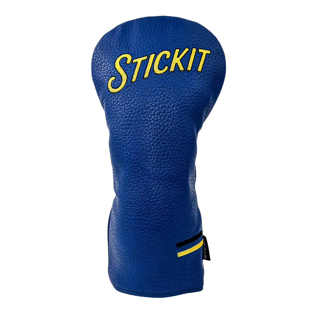 Blue leather golf head cover with yellow "STICKIT" lettering and striped design. Perfect for adding style to your game.