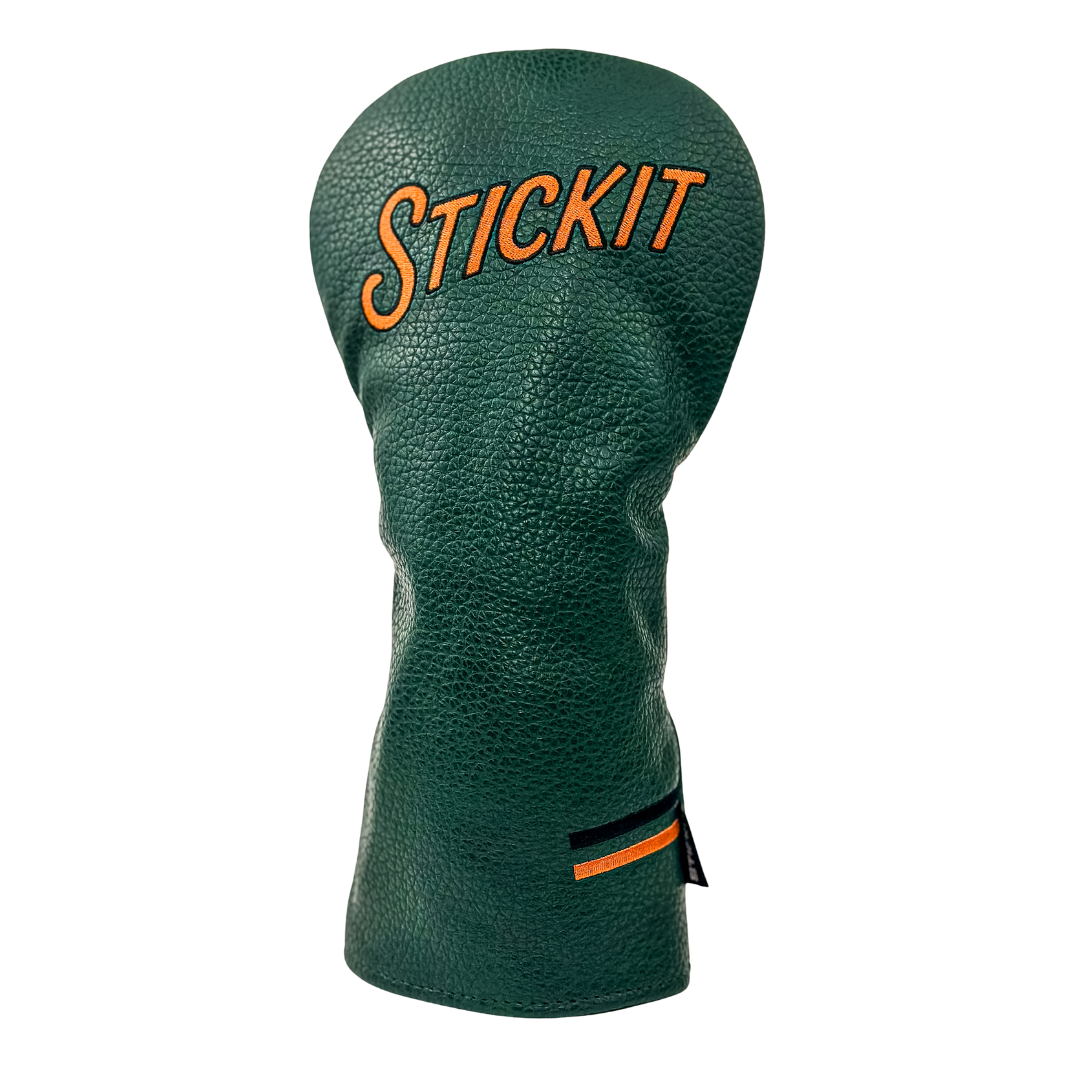 Green leather golf headcover with "STICKIT" embroidered in orange, featuring a stylish striped accent.