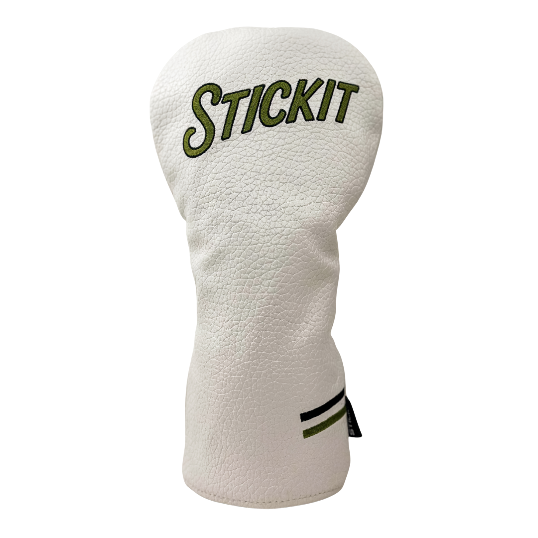 White leather golf headcover with green "STICKIT" embroidery and black striped accent. Perfect for stylish protection.