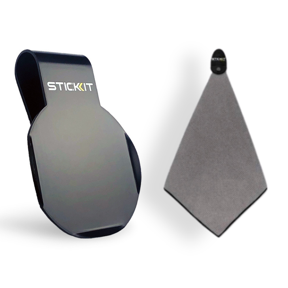 Black STICKIT holder with gray microfiber cleaning cloth for smartphones and glasses, sleek and functional design.