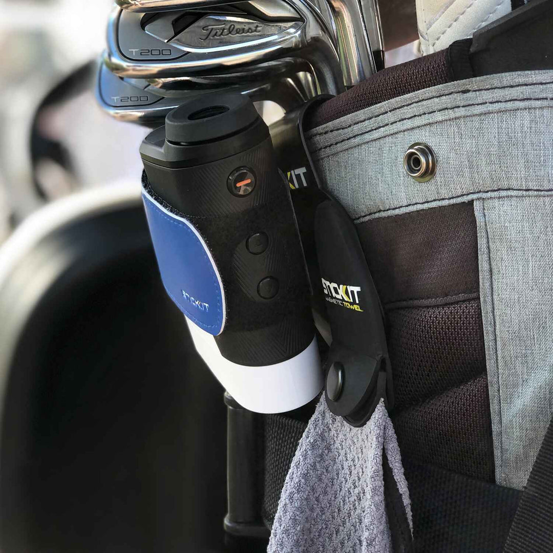 Blue and black golf rangefinder holder, made of durable material, securely attaches to golf bag for convenience.