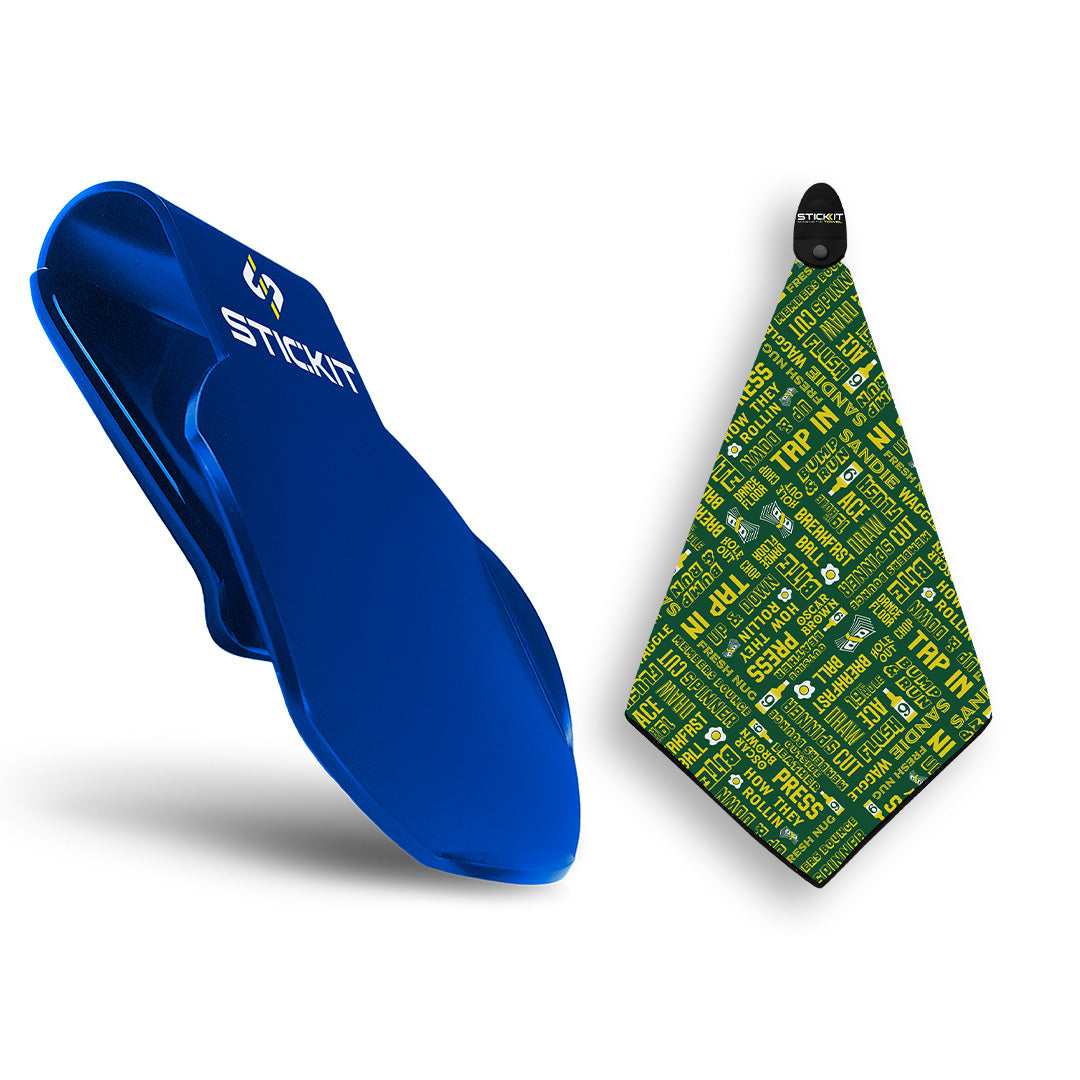 Blue STICKIT clip with a green patterned microfibre towel featuring various text designs, perfect for sports enthusiasts.