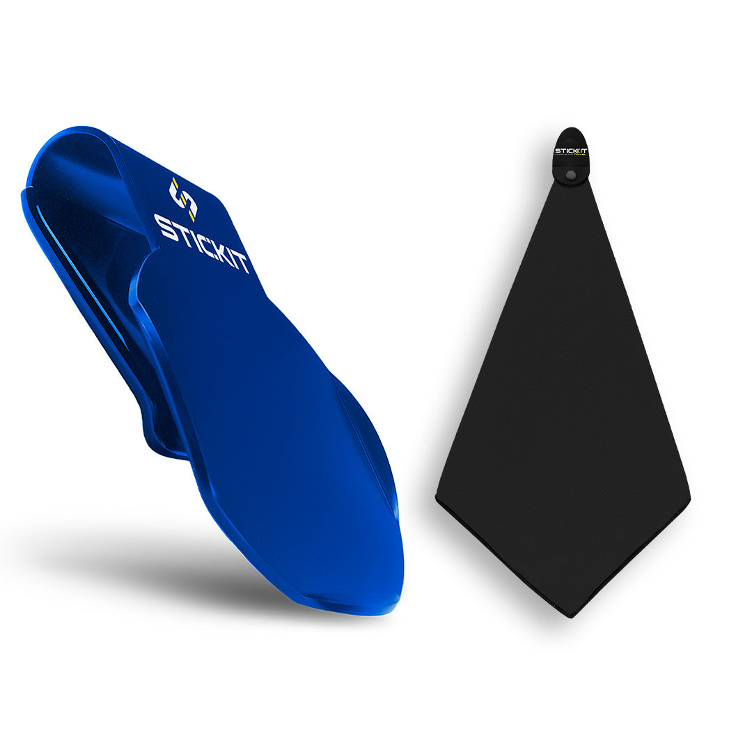 Blue silicone phone wallet with black microfiber cleaning cloth, sleek modern design for easy attachment and access.