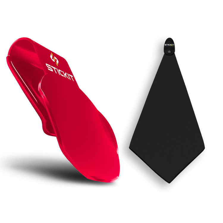Red STICKIT phone wallet with a sleek black silicone attachment for secure grip and convenience. Perfect for on-the-go use.