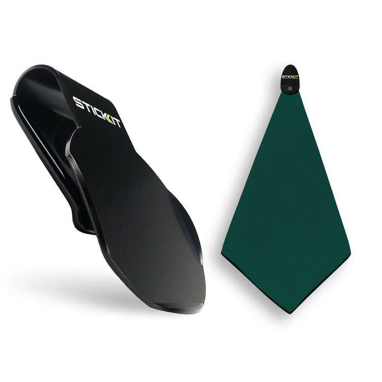 Black STICKIT phone holder with green silicone grip for secure mounting, ideal for hands-free use and convenience.