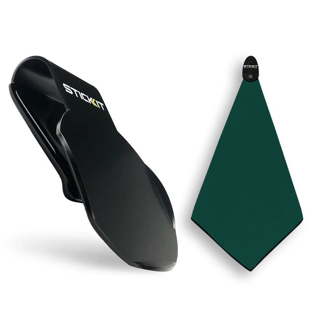Black STICKIT phone holder with green silicone grip for secure mounting, ideal for hands-free use and convenience.