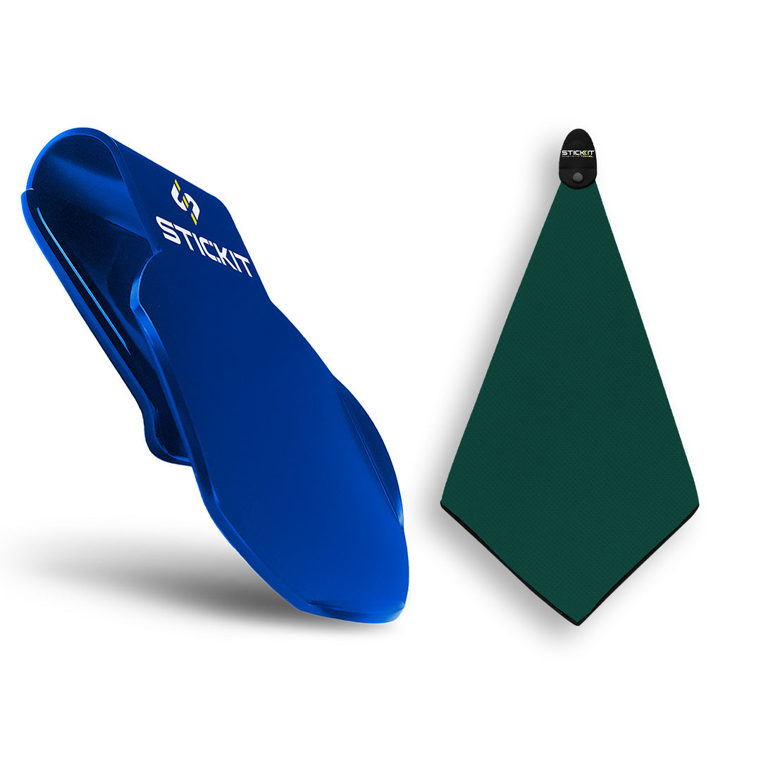 Blue silicone golf tee holder with a green microfiber towel, perfect for keeping your gear organized on the course.