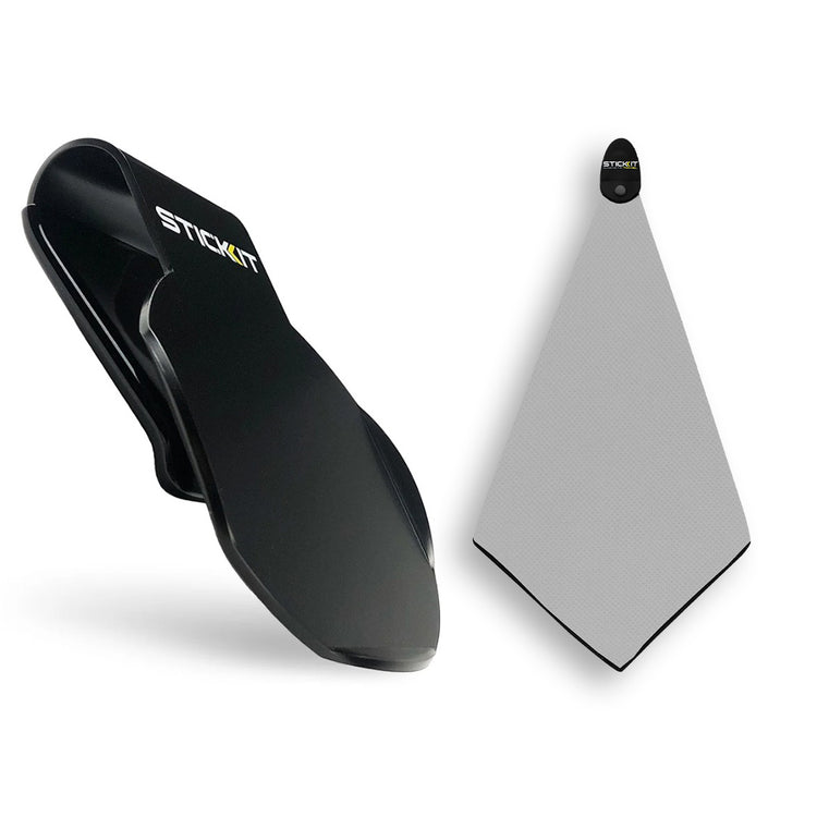Black Stick-it clip and gray microfiber towel, designed for sports and outdoor activities.