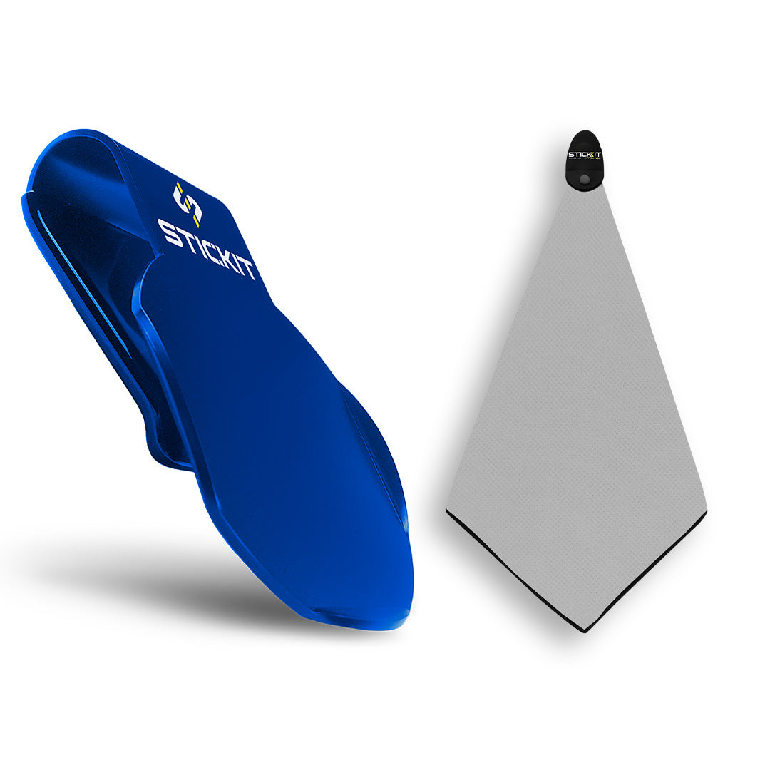 Blue silicone phone stand with a sleek design and gray microfiber cleaning cloth for easy device maintenance.