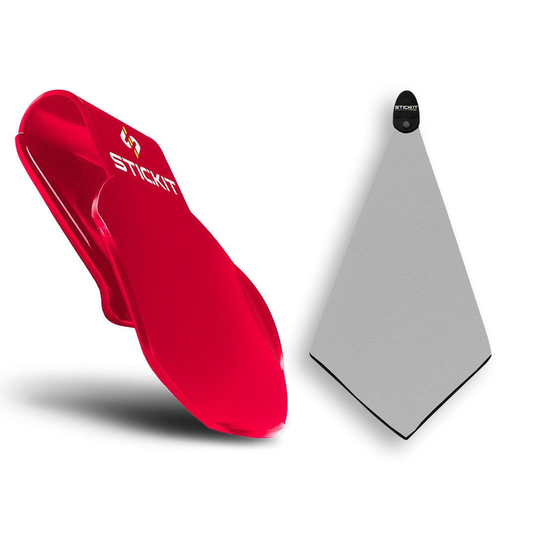 Red Stickit Pod with sleek design and detachable grey towel for convenient storage and use. Perfect for sports enthusiasts.