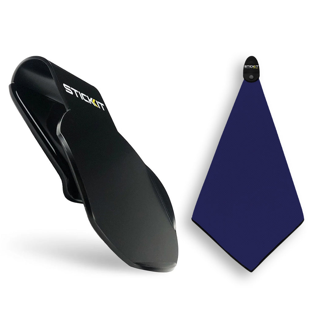 Black STICKIT tie organizer with navy blue cloth holder, perfect for stylish and tidy accessory storage.