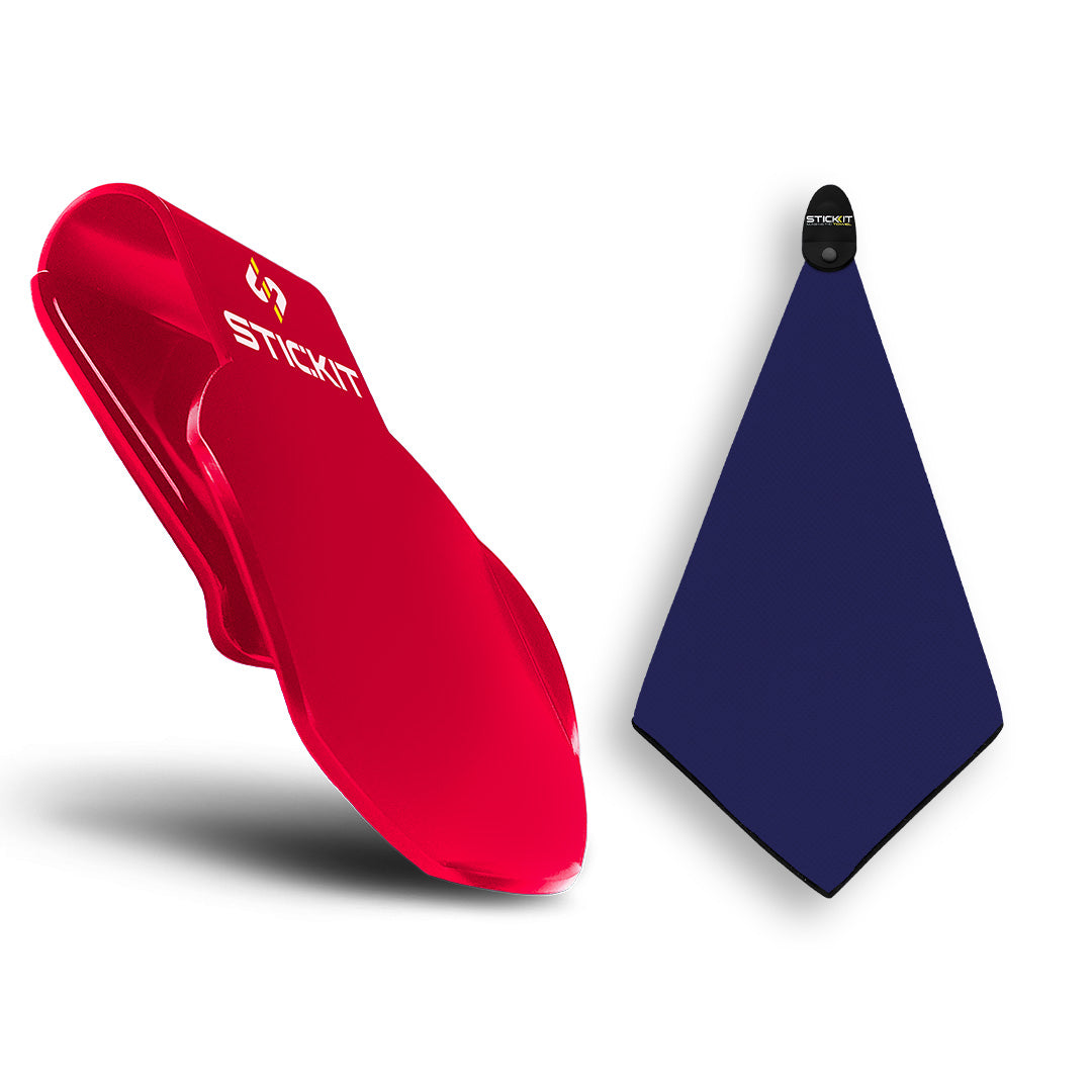 Red silicone sticky wallet and navy blue microfiber cleaning cloth, perfect for holding essentials and tech cleaning.