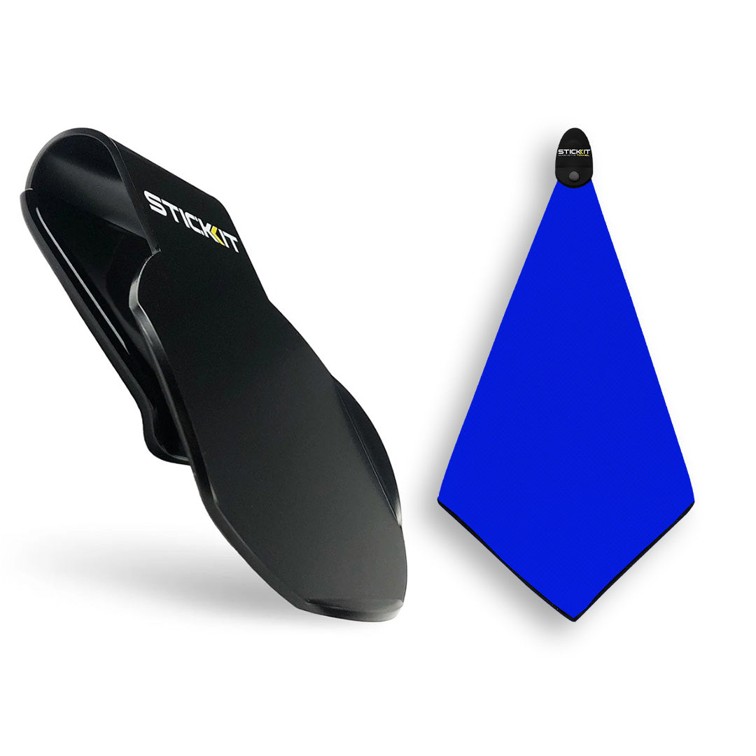 Black STICKIT clip with a vibrant blue microfiber towel, perfect for sports and outdoor activities.