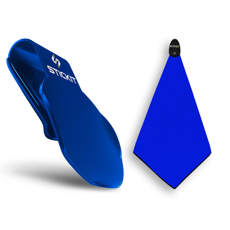 Blue silicone stick-on phone wallet with a sleek, modern design and matching blue microfiber cleaning cloth.