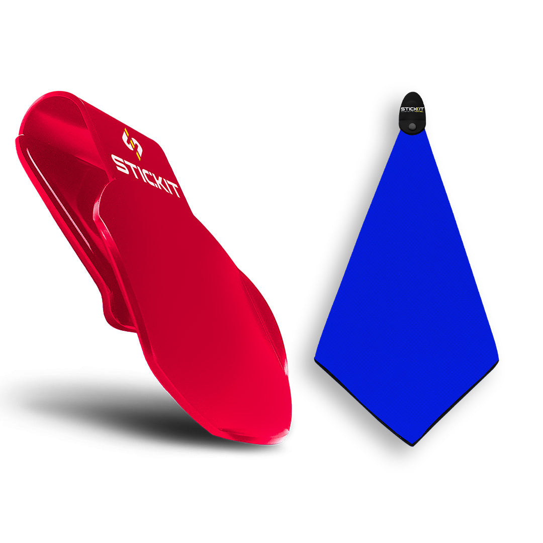 Red Stickit glove holder and blue microfiber towel, perfect for sports and outdoor activities, durable and lightweight.