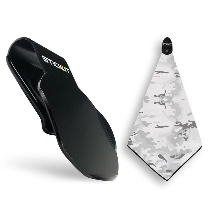 Black silicone phone holder with a gray camo microfiber cleaning cloth, ideal for tech enthusiasts.