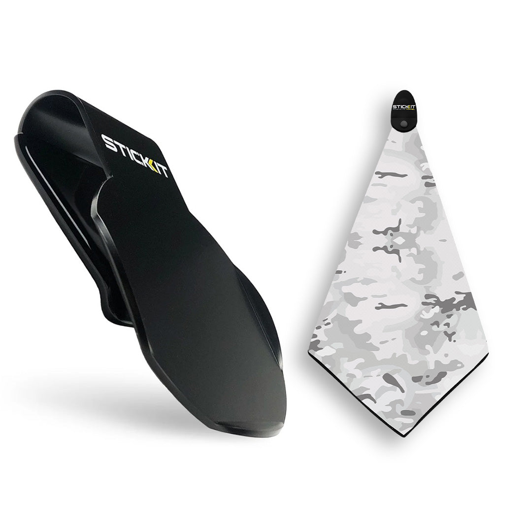 Black silicone phone holder with a gray camo microfiber cleaning cloth, ideal for tech enthusiasts.